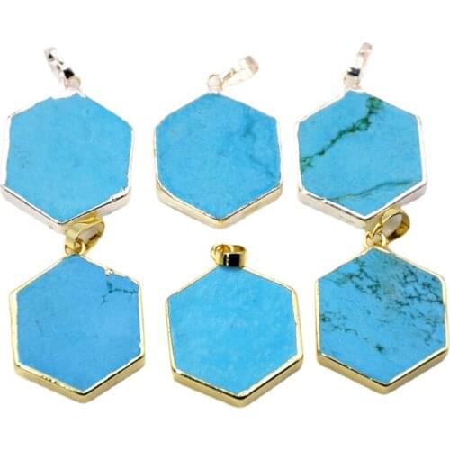 Fashion Hexagon Howlite Turquoises Pendant Beads gold/Silvers Electroplated Blue Charm Pendants Handmade Gem stone Jewelry