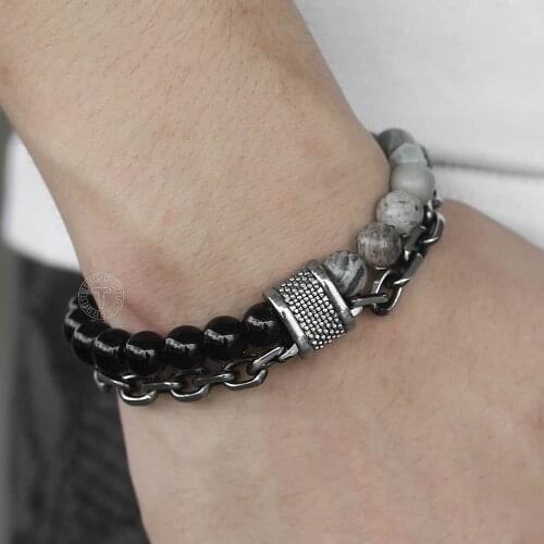 Davieslee Map Tiger Eye Stone Beads Bracelets for Men Cut Cable Link Chain Black Gunmetal Stainless Steel Mens Bracelet LDB33