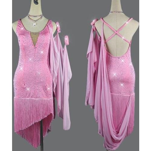 Super Quality Latin Dress Women / Girls Pink Rhinestone Dress Customized Size Female Latin Dance Wear Competition Dresses VDB692