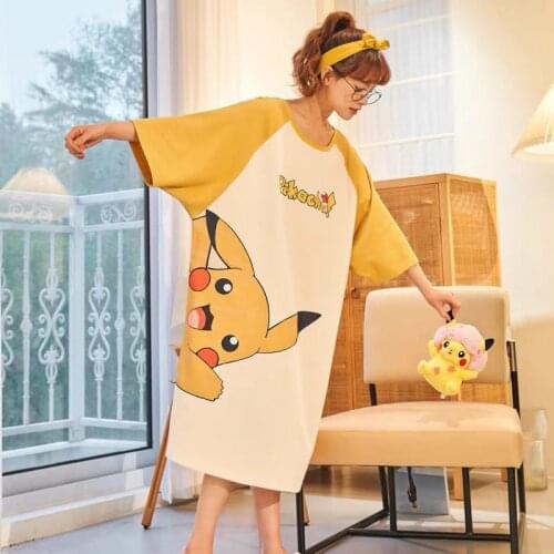 Nightdress Womens Summer Long Over Knee Fashion Sweet Cartoon Short Sleeve Large Loose Pregnant Womens Pajamas Leisure