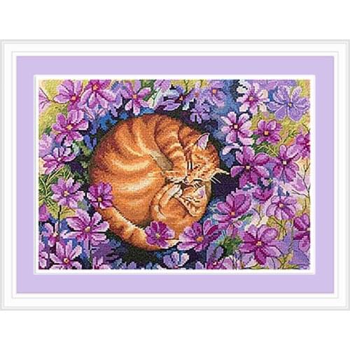 New Fishxx Cross Stitch Kits D852 Flower Cat Precision Printed Animal Sweet Dreams In The Garden Flowers At Home