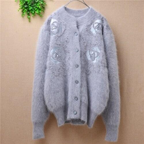 New chinese style beading flower causal sweater coats korean loose coats Mink Cashemre knitted vintage women clothing