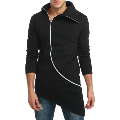 New Halozeroo Irregular Mens Long Hoodies & Sweatshirts Lapel Coat Black Gray Size M-3XL Diagonal Zipper A19