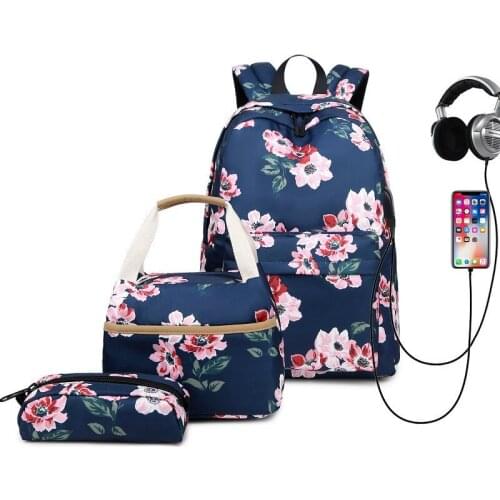 Teenage girls USB New Backpack Womens Nylon Print flower Korean College Style Schoolbag Insulation Bag 3set Backpack