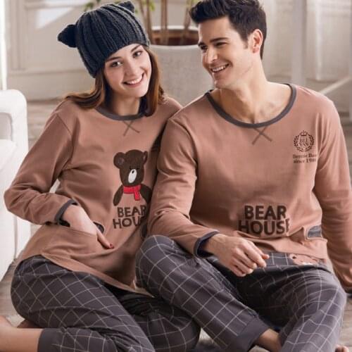 Autumn Lovers 100% Cotton Sleepwear Males Or Females Long-sleeve Cartoon Bear Cotton Lounge 100% Spring And Autumn Set