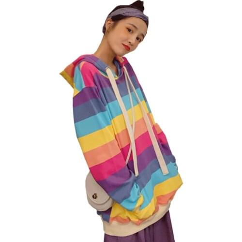 Autumn bf loose rainbow striped hoodie t-shirt women