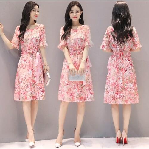 Dress Women Summer 2020 Round Neck Print Mid-long Vestidos Slim Ladies Flare Short Sleeve Floral A-line Dresses Female Z567