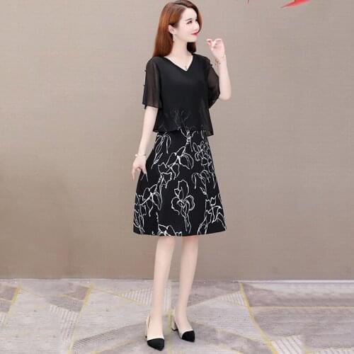 Womens Chiffon Dresses Summer New Trumpet Sleeve Temperament V-neck Loose Large Size Mother Short Sleeve Vestidos Female A865