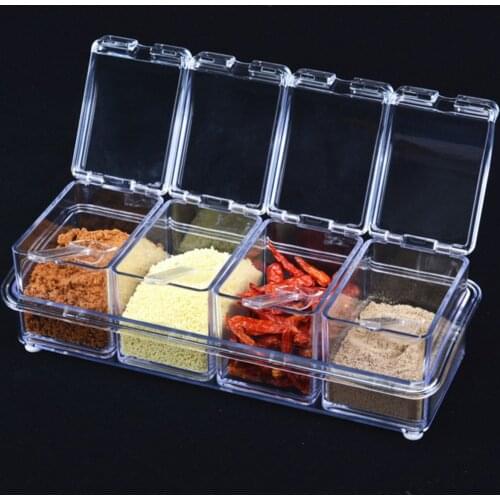 4PCS Crystal Clear Seasoning Box Acrylic Spice Rack Storage Container Condiment Jars with Cover and Spoon