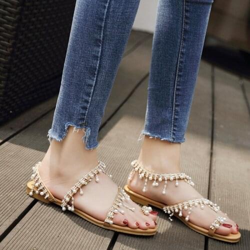 Summer Bead Rhinestone Detail Platform Sandals Fashion Women Flat Sandals Peep Toe Casual Shoes Ladies