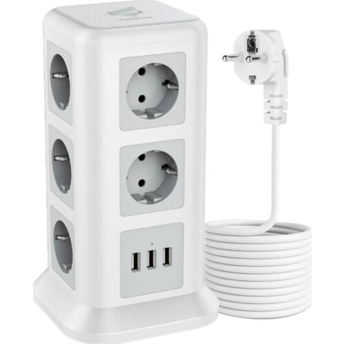 EU Plug Outlet Power Strip Tower 12 EU Outlets 5 USB Ports 2M Extension Cord with Switch Overload protector USB Socket Office