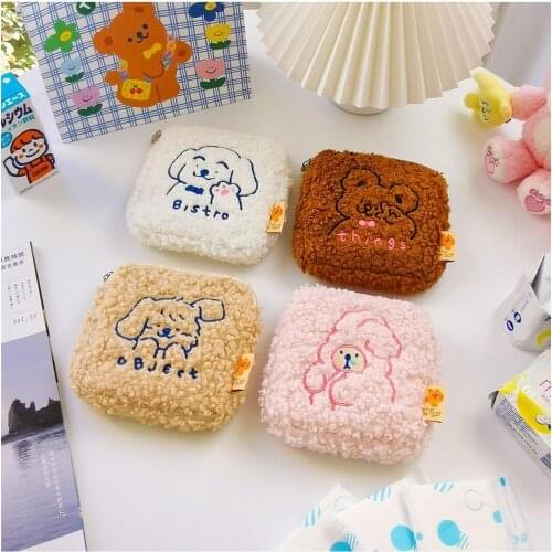 Women Sanitary Napkin Bag Bear Cosmetic Bag Girls Korea Soft Coin Purse Flannel Daily Storage Card Holder Case Cute Clutch Bags