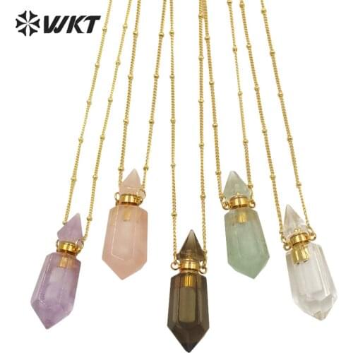 WT-N1284 Fashion gold plated double loops natural spirit quartz point stone perfume bottle necklace or essencial oil necklace