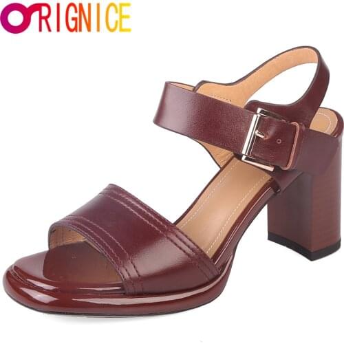 Orignice Hot Sale Summer Thick High Heels Women Gladiator Sandals Ankle Buckle Strap Fashion Casual Office Ladies Shoes Brown