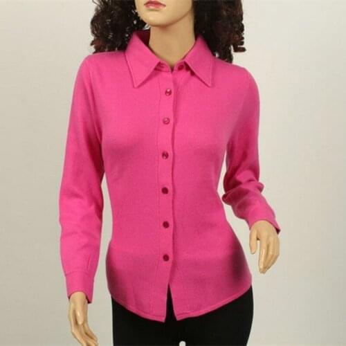 100%goat cashmere womens thick cardigan sweater turn-down collar slim shirt-style buckle-cuff neutral color M/95-4XL/120