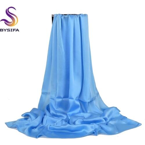 [BYSIFA] Light Blue Silk Scarf Spring Autumn Women Long Satin Scarf Shawl Luxury Scarves Simple Plain Head Scarf Cape 180*90cm