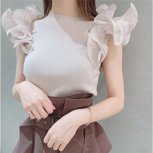 Japan Style Sweet Flying Sleeve Elegant Knitted Tops Woman New Fungus Edge Patchwork Chic Pullovers Solid Soft Jumpers