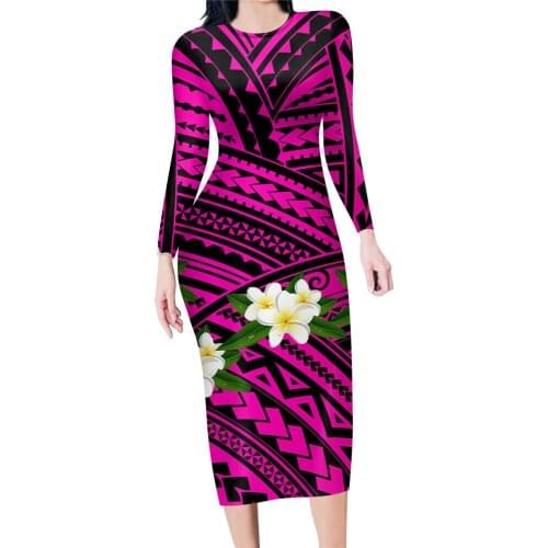 Noisydesigns Hot Selling Purple Polynesian Pattern With Plumeria 3D Print Women Long Sleeves Fashion Midi O-Neck Pencil Dress