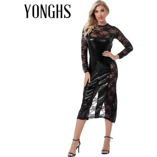 Womens See-through Split Long Dress with G-String Briefs Set Round Neck Long Sleeves Embroidered Lace Leather Patchwork Dress