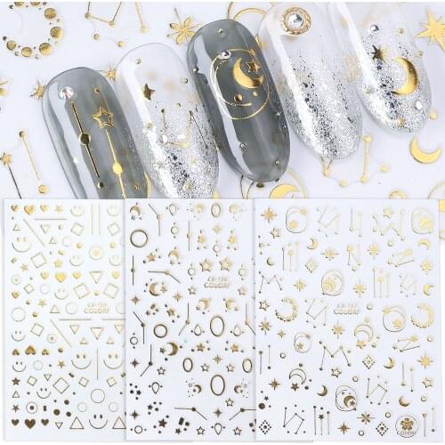1Pcs Gold Silver Stickers Sliders For Nail Adhesive 3D Decals Geometric Stars Heart Designs On Nails Manicure Decorations