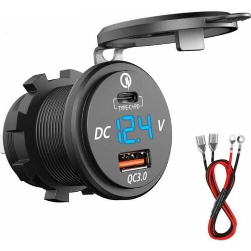 12V-24V Car Cigarette Lighter Motorcycle Dual USB Charger PD Quick Charge Chargers Socket Adapter With LED Voltmeter And Cable