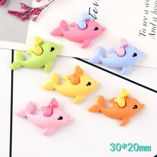 20pcs 30*20MM Ribbon Bow Decorated Cute Animal dolphin Resin Cabochons Embellishments Scrapbooking Clay Charms Phone Shell DIY