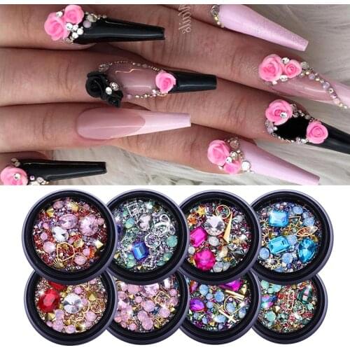 1Box 3D Nail Rhinestones Stones Mixed AB Colors Flat Bottom Nail Studs with Nail Tweezer Crystals Nail Art DIY Design Decoration