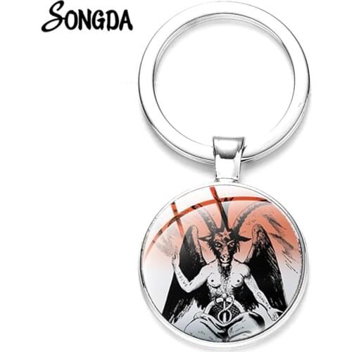 Baphomet Devil Goat Keychain Satantic Occult Inverted Pentagram Key Chain Top Quality Zinc Alloy Double Sided Glass Ball Keyring