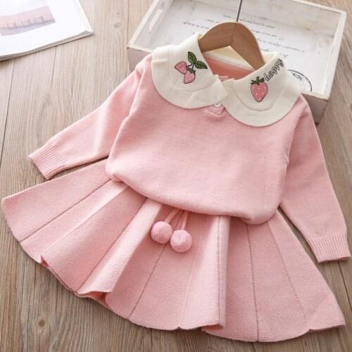 Jargazol Kids Clothes Fall Little Girls Warm Outfits Strawberry Embroidery Top&fur Ball Skirt Cute Baby Children Clothing Set