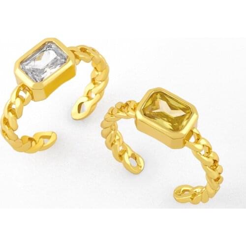 FLOLA Gold Plated Curb Link Chain White Stone Open Cuff Rings For Women Adjustable Crystal Ring Wholesale Jewelry Gifts rigk55