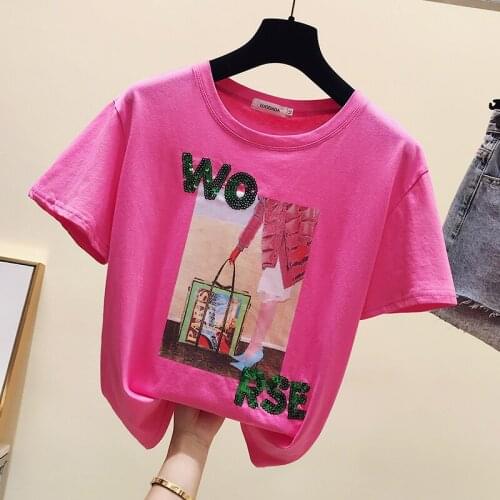 Letters Sequins Short Sleeve T-shirt Fashion Graphic Print Harajuku Casual Korean Tops