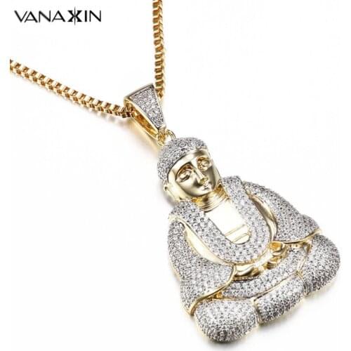 VANAXIN Buddha Necklaces & Pendants Men Iced Out Cubic Zirconia Silver Color Fashion Male Religion High Quality Jewelry Free Box
