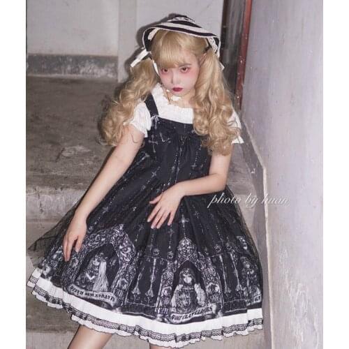 Kawaii Jsk Lolita Dress Women Vintage Victorian Gothic Dark Night Style Sleeveless Lace Princess Tea Party Black Suspender Dress