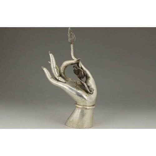 Chinese Old White Copper Handwork Carving Buddha Kwan-yin Collectable Hand Statue