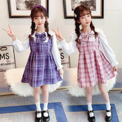 Plaid Pink School Dress Girls Sets Summer Dress 2021 Bow Pleated Childrens Dresses Kids Clothing Baby Girl Clothes Sundress