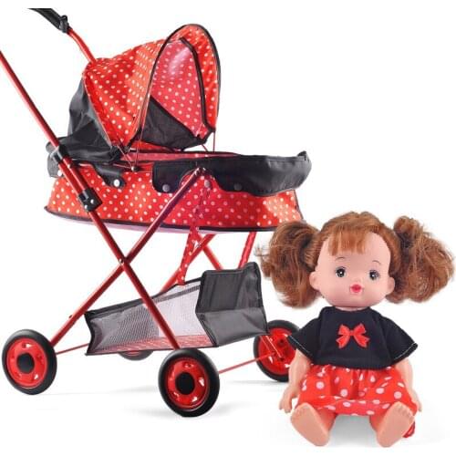 25cm Doll Carriage Doll Stroller Kids Simulation Folding Baby Strollers Trolley Girls Role Play Toy Dotted Fashion Elements