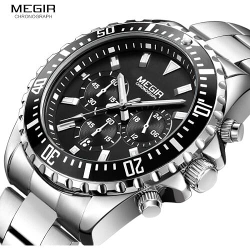 Megir Mans Analogue Chronograph Quartz Watch with Stainless Steel Bracelete Luminous Wristwatch for Boys Calendar 24-Hour 2064G