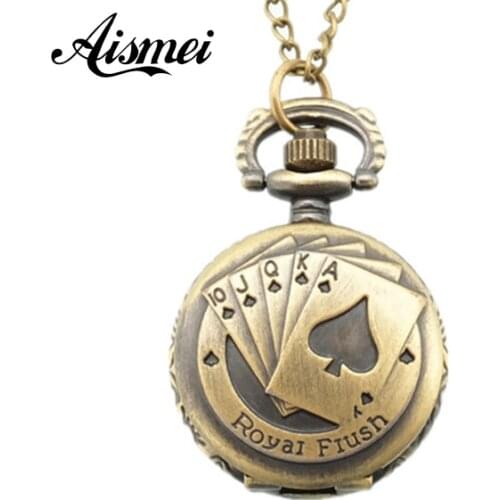 Fashion new bronze funny cute antique vintage classic men women royal fiush poker pocket watch necklace hour 5pcs/lot