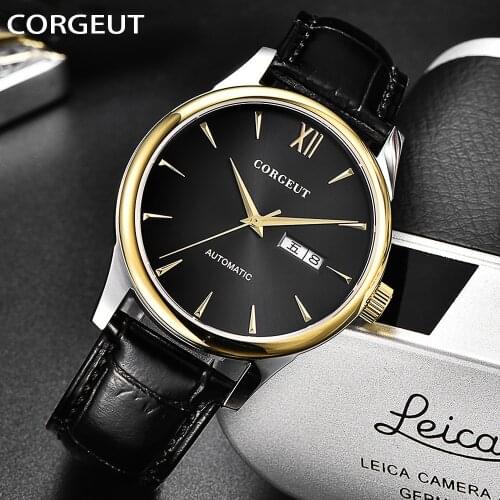 CORGEUT Luxury Watch Men Leather Stainless Steel Dial Black Wristwatches Male Watch Clock Reloj Hombre Relogio Masculino 2036A