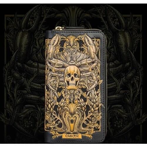 Handmade Genuine Leather Cancer Wallets Cartoon Constellation Purses Men Long Clutch Vegetable Tanned Leather Card Holder