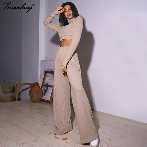 Soild Cotton Long Slevee Strip Wide Leg Pants+crop Top 2 Piece Set Streetwear Fashion Casual Slim Fitness Suits Women Outfits