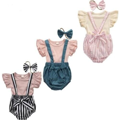 0-3Y Newborn Baby Girls Clothes Sets Newborn Baby Girls Ruffles Sleeve T-shirt Tops Striped Suspender Bib Shorts Headband 3Pcs
