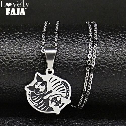 Gothic Skull Cat Stainless Steel Necklace Women Black Enamel Tai Chi Gossip Love Necklaces Pendants Jewelry Gift colgante N1808