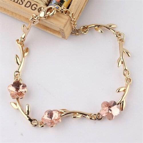 Crystal Flower Leaf Charm Bracelets Gold Chain Rhinestone Bracelet Bangles Romantic Women Fashion