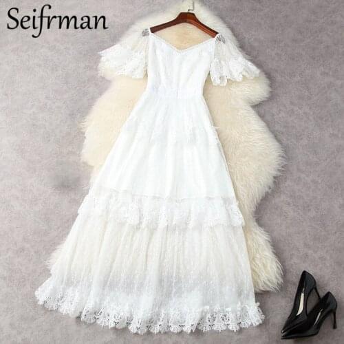 Seifrmann New 2021 Summer Women Fashion Runway Party Long Dress Sexy V-Neck High Waist Lace Cake Holiday White Print Dresses
