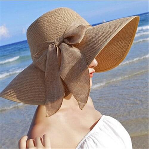 Hot Sale Summer Sun Hats For Women Large Brim With Ribbons Bow Beach Hat Cap Ladies Sun Hat UV Protect Chapeu Feminino