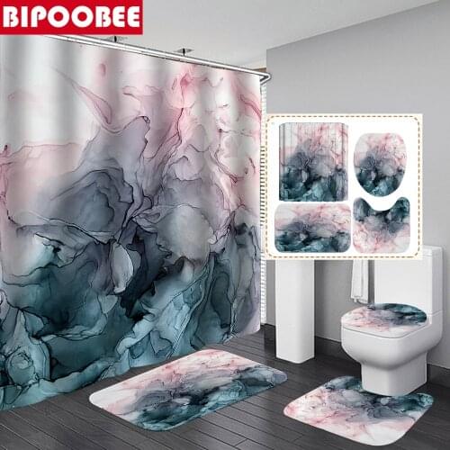Modern Shower Curtain Set Marble Pink Teal Ink Liquid Creative Abstract Vintage Non-Slip Rugs Toilet Lid Cover Bathroom Curtains