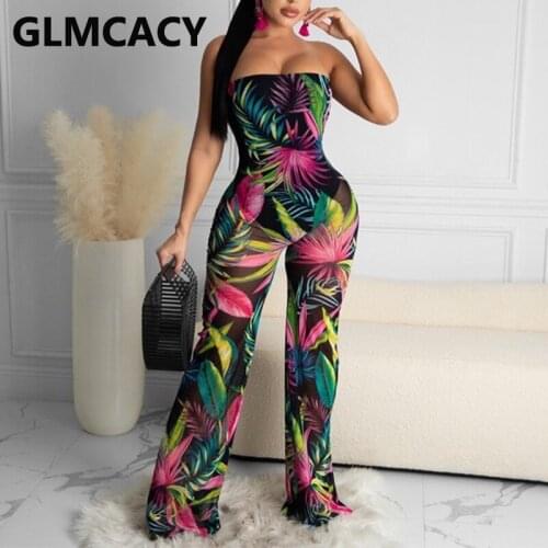 Women Strapless Hot Troprical Tropics Printed Wide Leg Jumpsuits