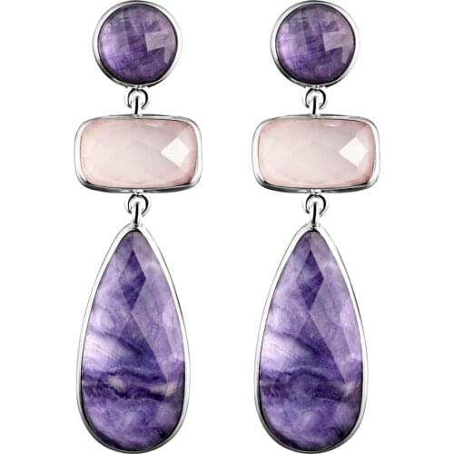 DORMITH real 925 sterling silver gemstone earrings natural purple fluorite pink quartz waterdrop earrings for women fine jewelry