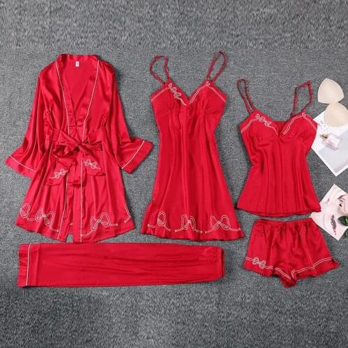 FZSLCYIYI Womens 5PC Strap Top Pants Suit Pajamas Sleepwear Sets Spring Autumn Crane Embroidery Homewear Nightwear Kimono M-XL